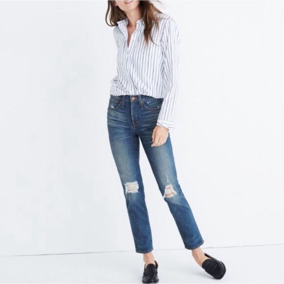 Madewell Slim Straight Jeans: Knee-Rip Edition in Forster Wash Size 27 Tall | 4T - Picture 4 of 14